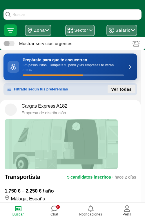 La app del chófer: ofertas cercanas con salario a la vista y filtros por zona, sector y salario